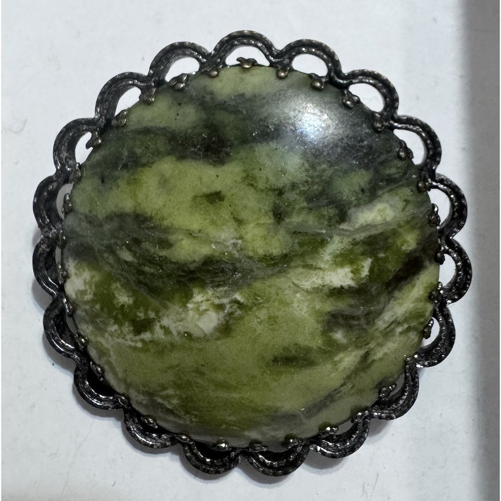 Vintage Green Stone Cabochon Brooch Faux Jade Look Scalloped Setting Mid Century